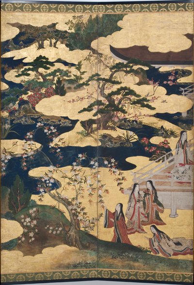 (détail) Printemps au Palais, paravent à six panneaux du Conte de Genji, c.1650 - Japanese School