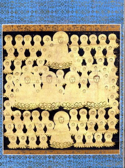 Quatre-vingt-cinq représentations du Bouddha japonais Amida Bosatsu. Peinture sur toile du 17e siècle. - Japanese School