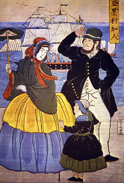 Famille européenne sur le front du port de Yokohama peinte par un artiste japonais en 1861 - Japanese School