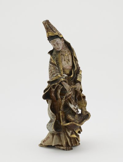 Figure de Kannon tenant un poisson dans un panier, ère Meiji - Japanese School