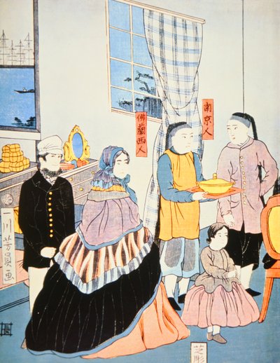 Estampe japonaise vers 1870 montrant des visiteurs européens au Japon - Japanese School