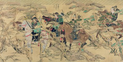 Soldats japonais à cheval traversant une forêt de pins lors de l