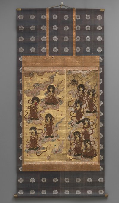 Peinture murale : Descente de vingt-cinq bodhisattvas (assistants de la triade Amitabha), 18e siècle - Japanese School