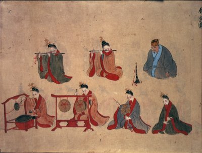 Sept musiciens assis, des performances musicales de Ryukyu, c.1800-50 - Japanese School