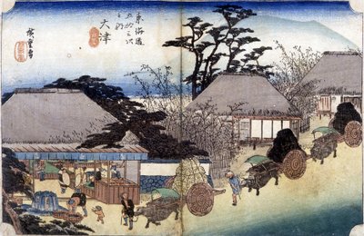 Paysans traversant un village avec leurs charrettes - estampe japonaise - Japanese School
