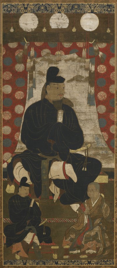 Portrait de Fujiwara no Kamatari (614-669) accompagné de deux fils, période Muromachi - Japanese School
