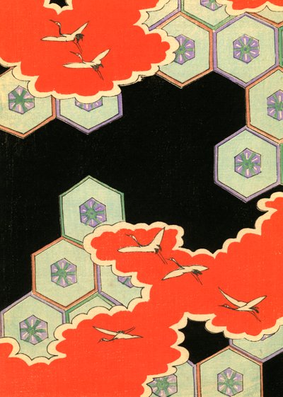 Nuages rouges avec des grues volantes - Japanese School