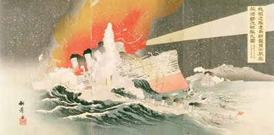 Navire russe sous attaque, n°23 dans un album représentant des épisodes de la guerre russo-japonaise - Japanese School