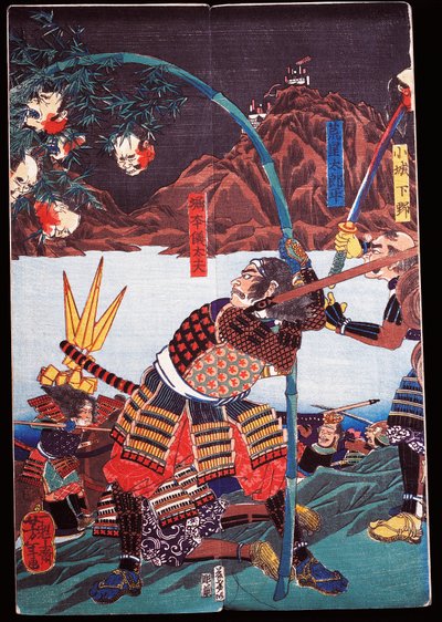 Samouraï exhibant les têtes coupées de leurs ennemis sur des cannes en bambou, sewamono (pièce domestique) - Japanese School
