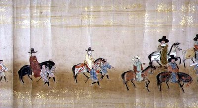Sixième ambassade coréenne au Japon en Meireki 1 lors de la succession de Tokugawa Ietsuna en 1651, peut-être par Kano Masunobu (1625-94) (peinture sur rouleau) (détail) - Japanese School