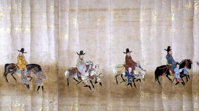 Sixième ambassade coréenne au Japon en Meireki 1 lors de la succession de Tokugawa Ietsuna en 1651, peut-être par Kano Masunobu (1625-94) (peinture sur rouleau) (détail) - Japanese School