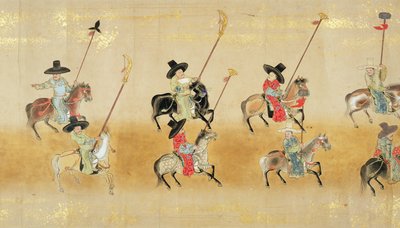 Sixième ambassade coréenne au Japon en Meireki 1 lors de la succession de Tokugawa Ietsuna en 1651, possiblement par Kano Masunobu (1625-94) (peinture sur rouleau) (détail) - Japanese School