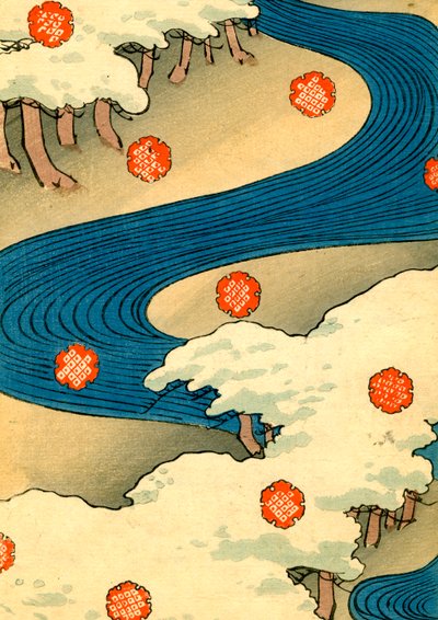Flocons de neige tombant dans un paysage fluvial - Japanese School