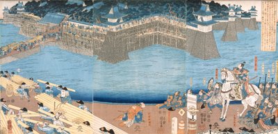 Triptyque montrant un fort en construction par la rivière Kunigos, période Edo 1603-1868 - Japanese School