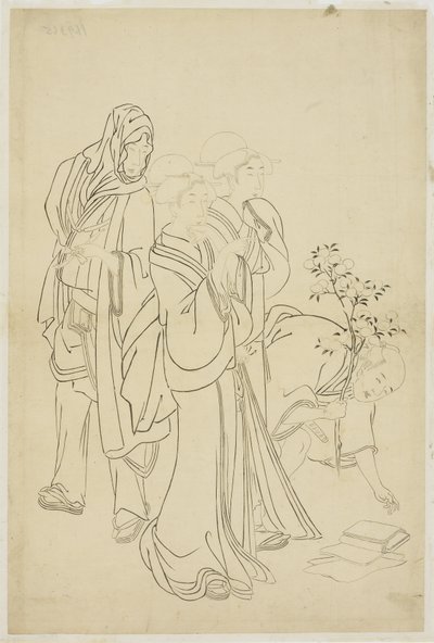 Deux geishas se promenant avec un dandy et un apprenti - Japanese School
