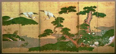 Deux grues plongeant derrière des pins et des rochers, période Edo - Japanese School