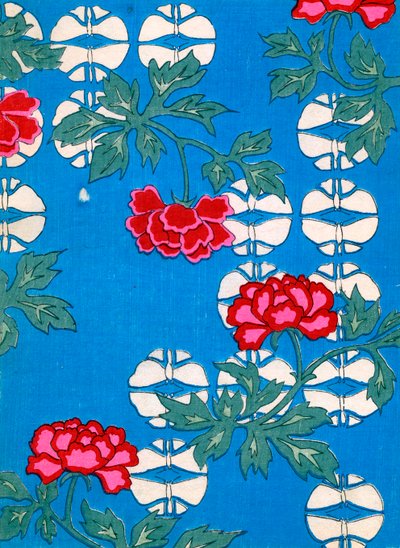 Lanternes blanches et pivoines sur fond bleu - Japanese School