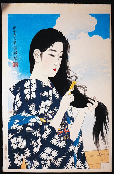 Jeune femme se peignant les cheveux - Japanese School