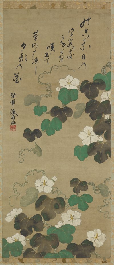 Vignes de Yugao et un poème, rouleau suspendu, XVIIIe-XIXe siècle - Japanese School