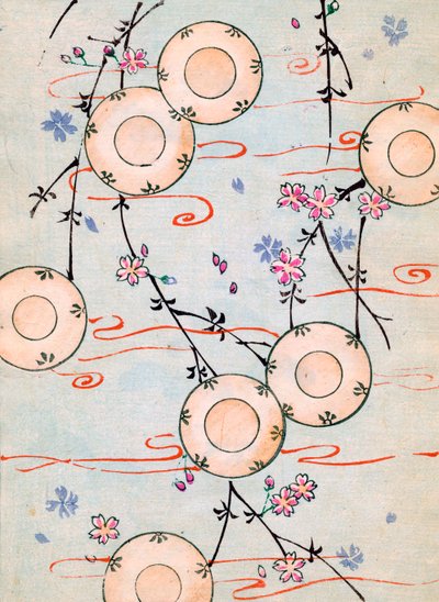 Gravure sur bois en couleur de lanternes dans un cerisier en fleurs - Japanese School