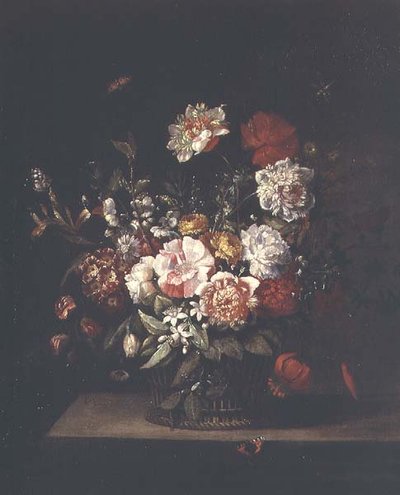 Fleurs mélangées dans un panier en osier avec des papillons, une libellule et un vulcain sur un rebord - Jean Baptiste (follower of) Monnoyer