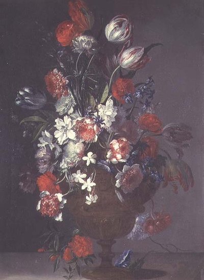 Tulipes, roses et autres fleurs dans un vase sur un rebord - Jean Baptiste (follower of) Monnoyer