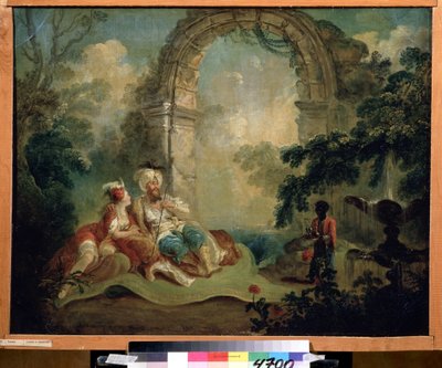 Orientalisme : "Pacha turc et odalisque allongés sur un tapis, servis par un domestique noir" - Jean Baptiste Hilaire