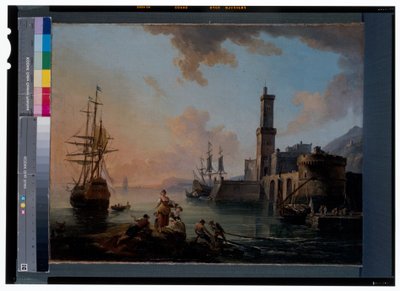 Pêcheurs et courtisanes dans un port méditerranéen au coucher du soleil - Jean Baptiste Lallemand
