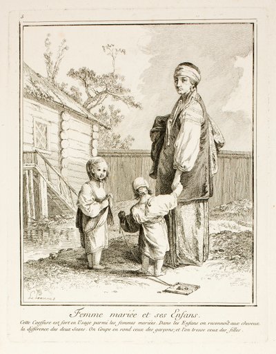 Femme mariée et ses enfants, planche cinq de Divers Habillements des Peuples du Nord - Jean-Baptiste Le Prince