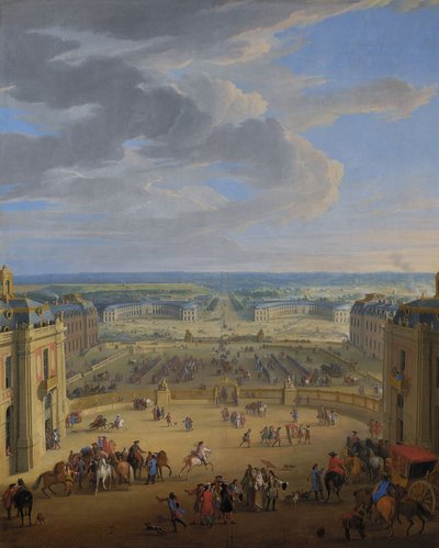 French: Vue perspective du château de Versailles sur la place d