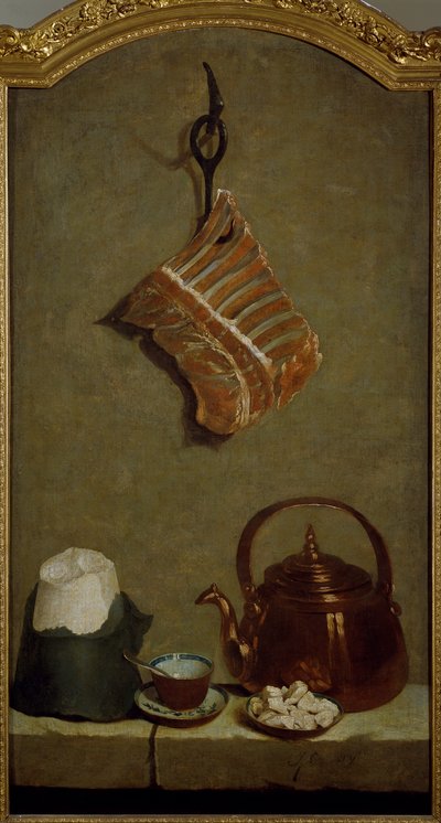 Nature morte avec quartier de viande, pain de sucre, bouilloire en cuivre et tasse - Jean Baptiste Oudry