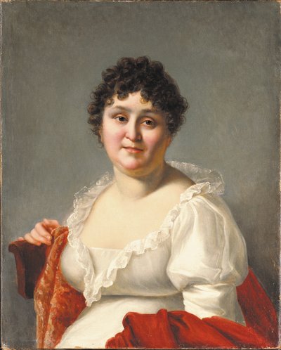 Portrait de Madame Regnault, buste, en robe blanche et châle kaki - Jean Baptiste Regnault