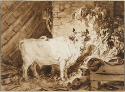 Taureau blanc et chien dans une étable - Jean Honore Fragonard
