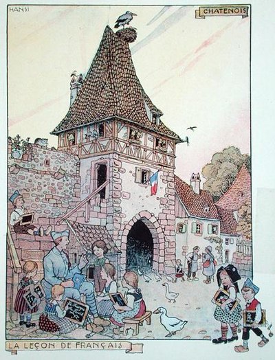 Un soldat français enseignant le français à des enfants alsaciens devenus à nouveau citoyens français, illustration de 