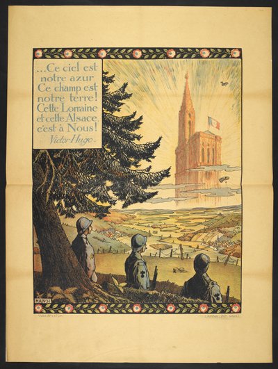 Affiche montrant trois soldats français regardant une église allégorique au loin, dans les nuages illuminés. Un petit vers de Victor Hugo en haut à gauche. - Jean Jacques Waltz