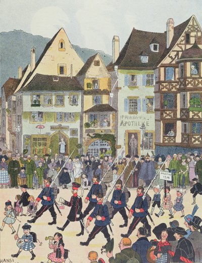 Herr Forstner quittant Saverne avec ses soldats après avoir acheté du chocolat en 1913, illustration de 