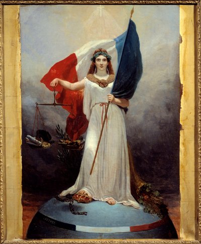 Figure symbolique de la République. Allégorie représentant la république comme une femme portant une couronne de laurier, symbole de paix, tenant une balance, symbole de justice et le drapeau tricolore. Sous son pied la couronne de la monarchie écrasée et  - Jean Alphonse Roehn