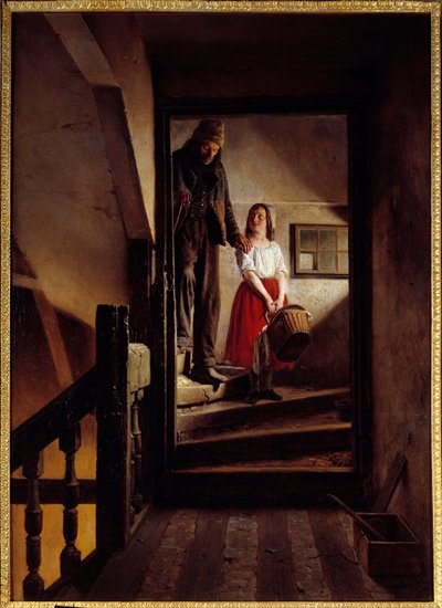 Le bâton de vieillesse Une petite fille aidant un vieil homme à descendre un escalier. Peinture par Jean Alphonse Roehn 1852 Rouen, Musée des Beaux-Arts - Jean Alphonse Roehn
