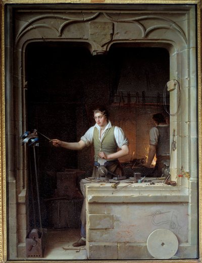 Un serrurier essayant de faire mordre sa lime à un geai. Illustration pour les fables de Jean de La Fontaine - Jean Antoine Laurent