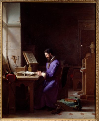 Johannes Gensfleisch Gutenberg (1400-1468) inventant la presse à imprimer. Le typographe allemand est représenté manipulant des caractères dans son atelier. Peinture de Jean Antoine Laurent (1763-1832) 1830. Grenoble, Musée des Beaux-Arts - Jean Antoine Laurent