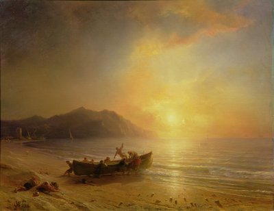 Paysage côtier avec pêcheurs arabes lançant un bateau au coucher du soleil - Jean Antoine Theodore Gudin