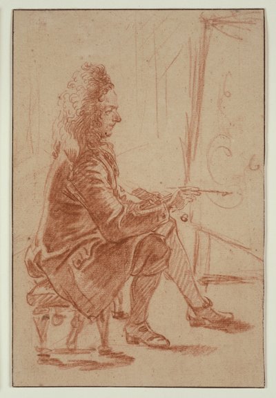 Un peintre à la perruque (peut-être Claude Audran), vers 1709 (craie rouge sur papier vergé chamois, posé sur carton vergé crème) - Jean Antoine Watteau