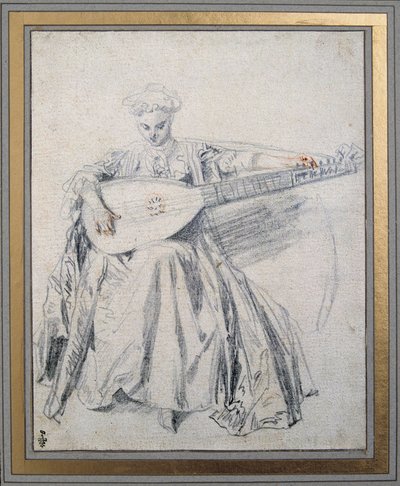 Un joueur de luth Dessin à la mine de plomb et sanguine par Jean Antoine Watteau (1684-1721) 18ème siècle - Jean Antoine Watteau