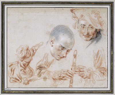 Enfant accroupi, deux têtes masculines, l
