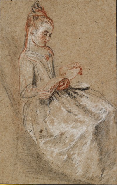 Fille assise avec un livre de musique sur ses genoux, début du 18e siècle - Jean Antoine Watteau