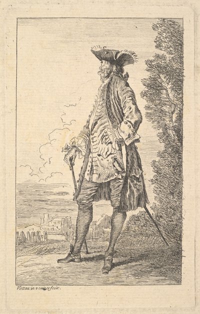 Homme marchant et portant une canne dans sa main droite, vu de trois quarts - Jean Antoine Watteau