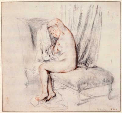 Femme nue assise sur une chaise longue, mettant sa chemise, 18ème siècle - Jean Antoine Watteau
