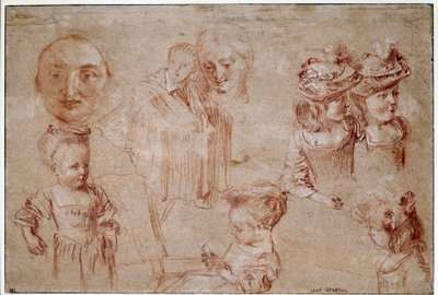 Masque de Pierrot, cinq filles en buste, un homme drapé et un visage de femme - Jean Antoine Watteau