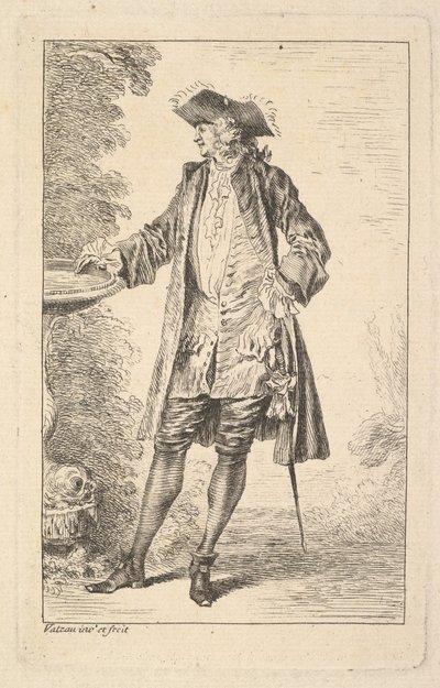 Homme debout avec sa main droite reposant sur un bassin, montré en vue de trois quarts..., vers 1710 - Jean Antoine Watteau