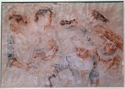 Étude de figures de jeunes femmes. Détail du cou des femmes mais aussi des hommes accompagnant les femmes. Dessin au crayon réalisé par Jean Antoine Watteau (1684-1721) 18e siècle. Paris, Musée du Louvre - Jean Antoine Watteau